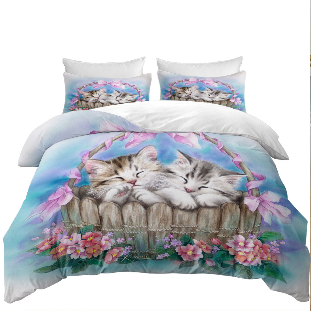 Coverlet with Adorable Kittens Peaceful Dream Cats in Basket