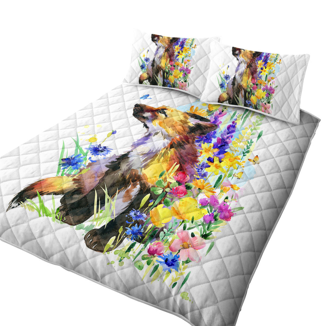 Coverlet with Art Painting Flowers and Cute Fox