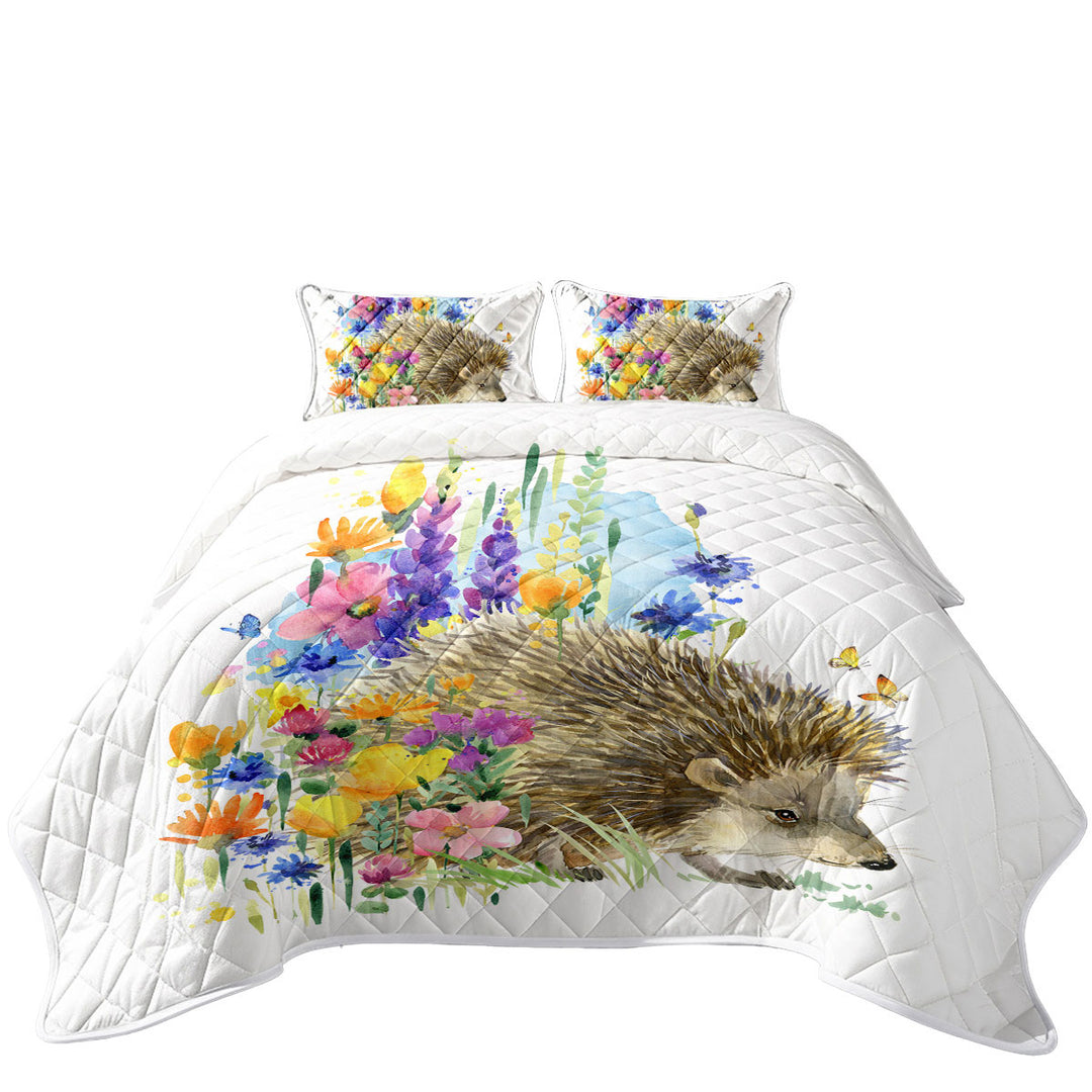 Coverlet with Art Painting Flowers and Cute Hedgehog