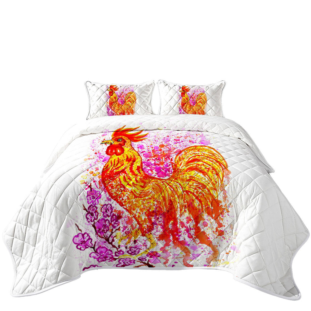 Coverlet with Art Painting Pink Flowers and Fire Rooster
