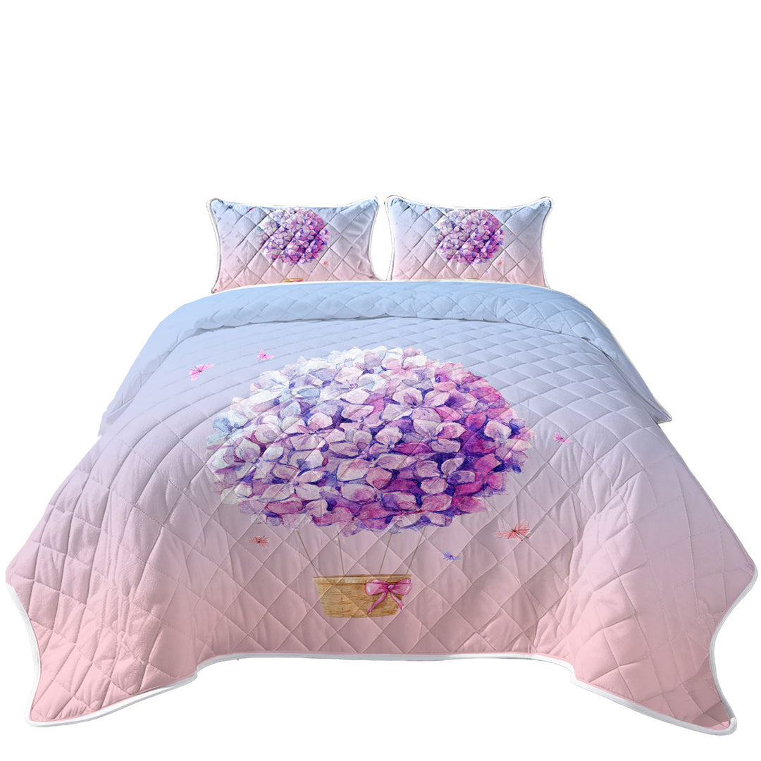 Coverlet with Artistic Purple Flowers Hot Air Balloon