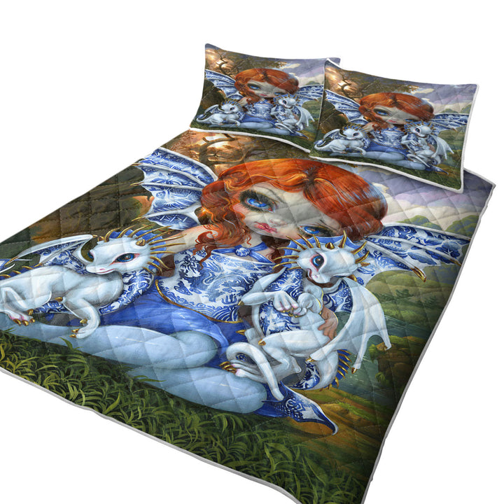 Coverlet with Blue Willow Dragonlings Redhead Dragon Fairy