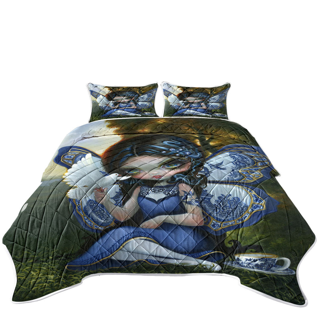 Coverlet with Blue Willow Fairy Porcelain Winged Fairy