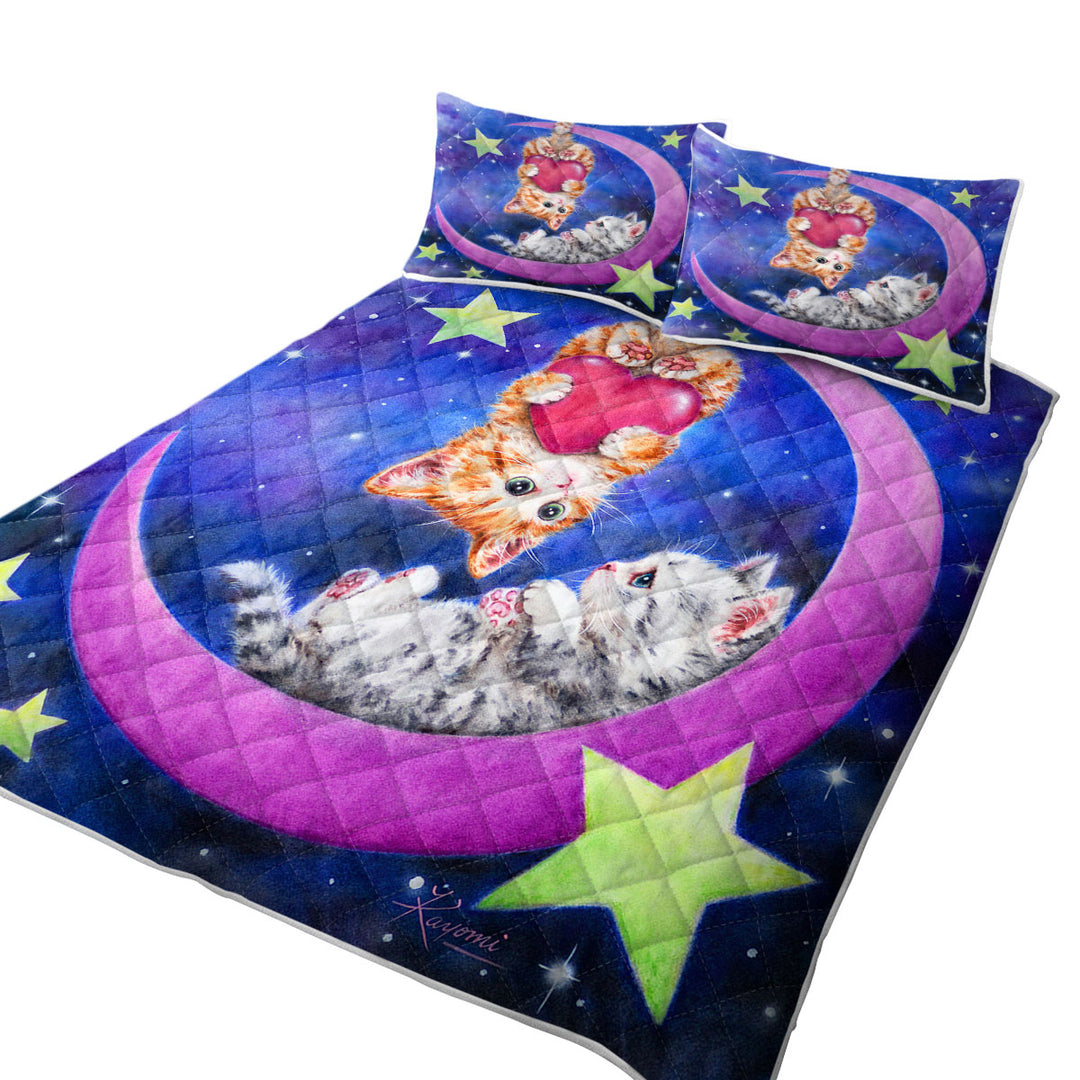 Coverlet with Cats Art Romantic Moon Space Starts and Kittens