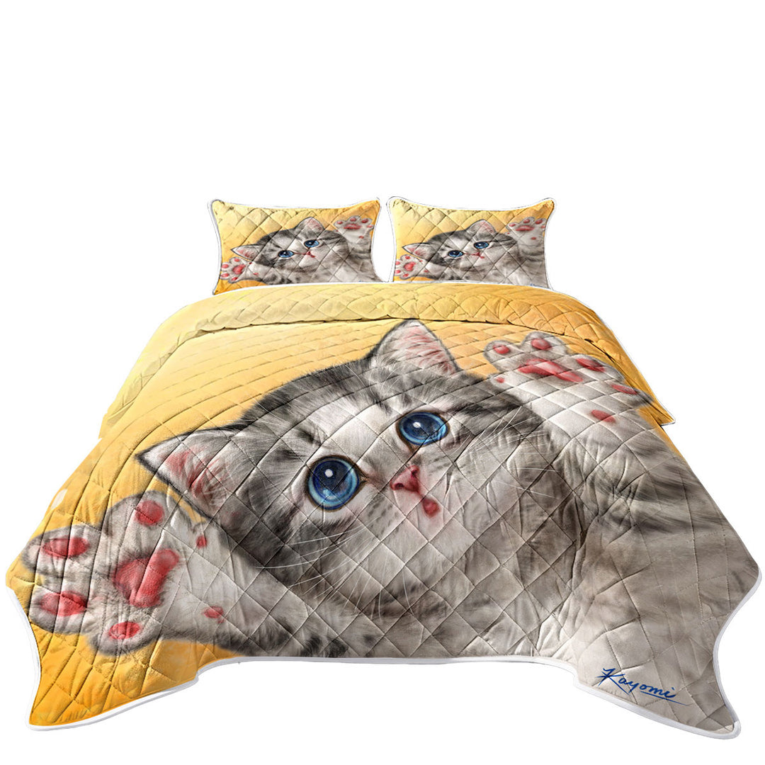 Coverlet with Cats Designs Heart Melting Blue Eyes Grey Kitten