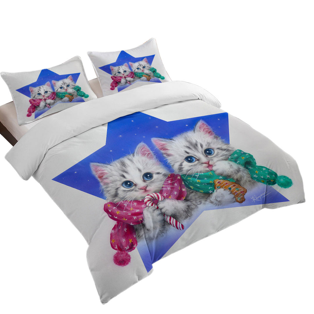 Coverlet with Christmas Star with Two Cute Grey Kittens