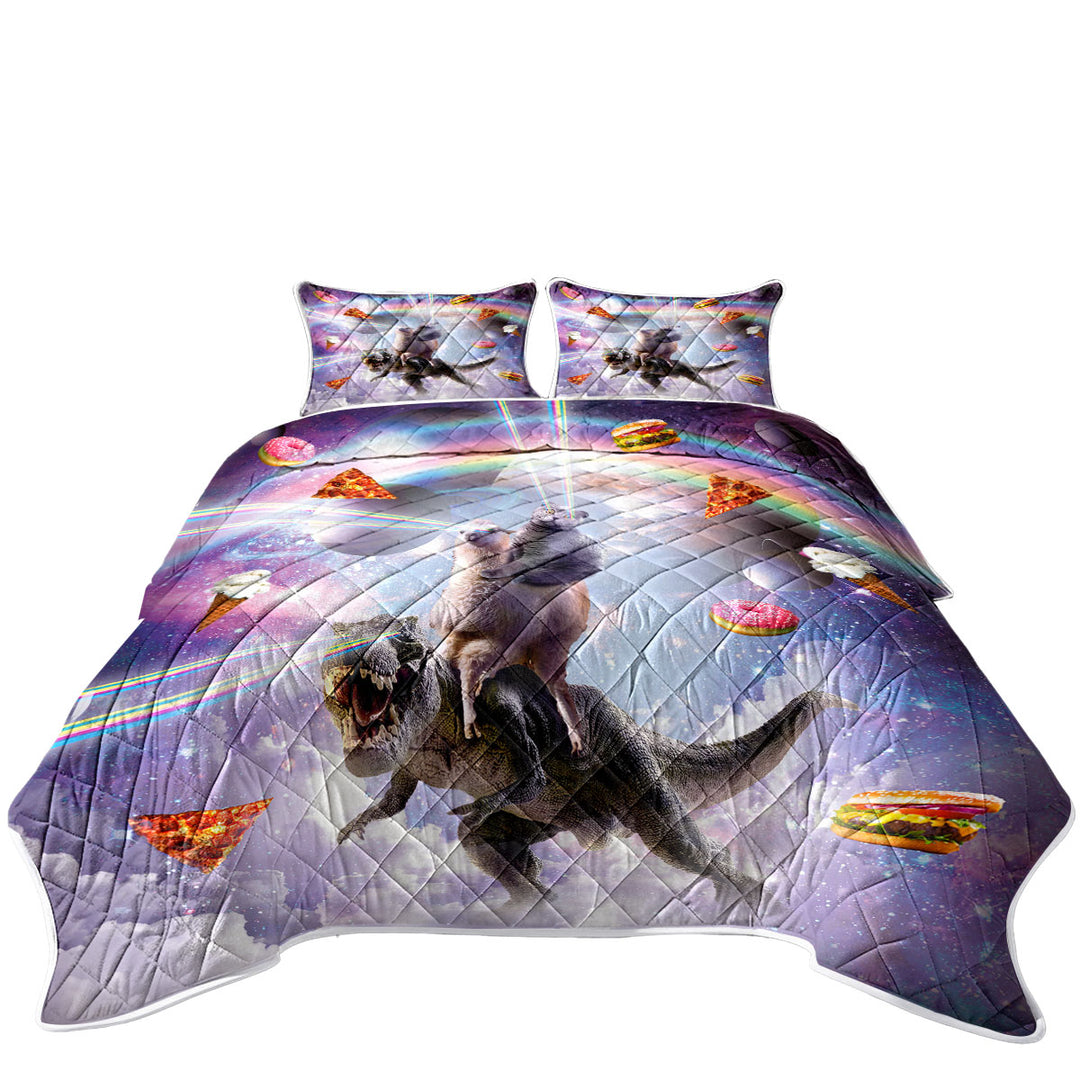 Coverlet with Crazy Space Art Funny Cat on a Llama on a Dinosaur