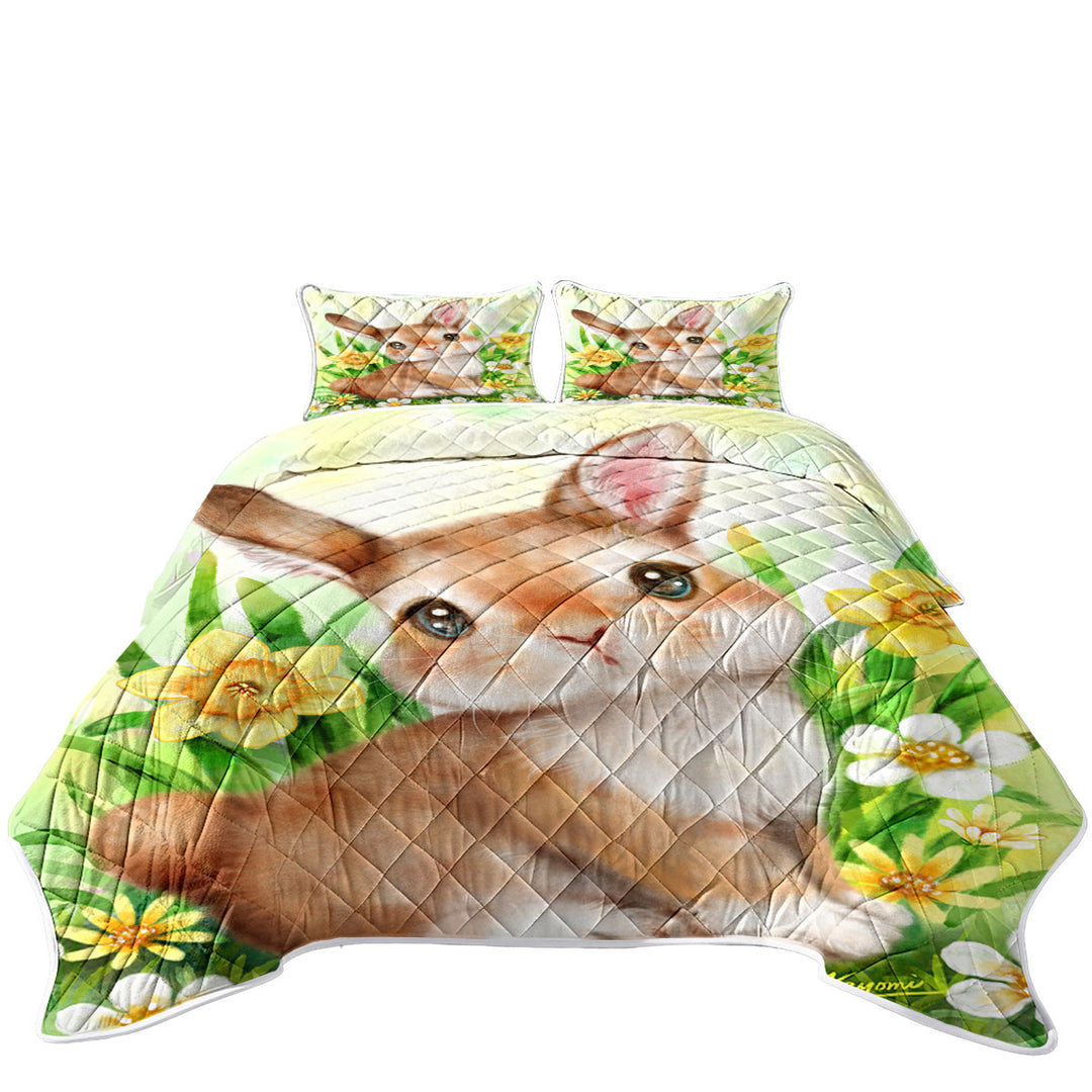 Coverlet with Cute Animal Art Bunny in the Flower Garden