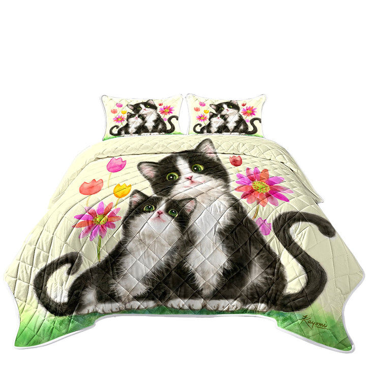 Coverlet with Cute Black and White Cats Mother and Daughter