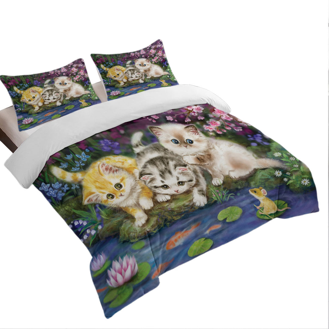 Coverlet with Cute Cat Art Three Kittens in Japanese Garden
