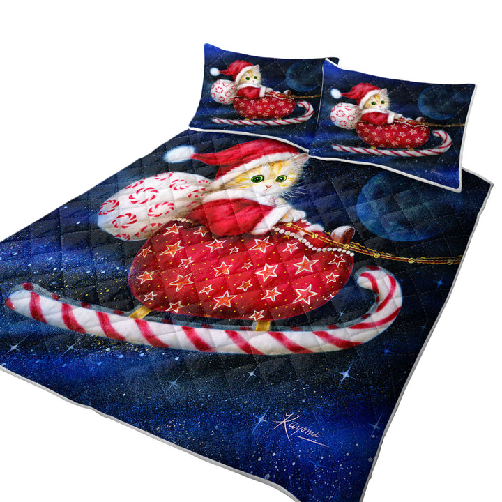 Coverlet with Cute Christmas Design Candy Sleigh Kitten