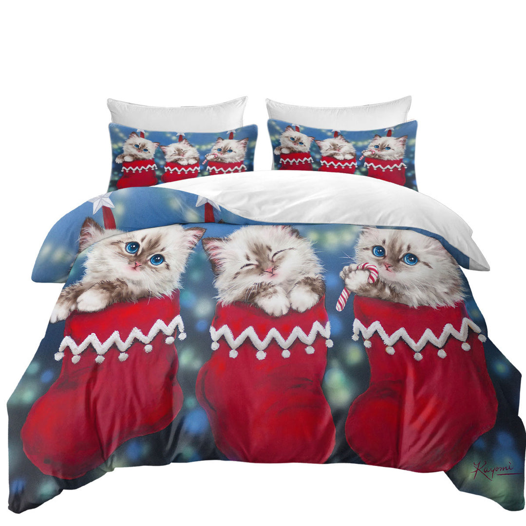 Coverlet with Cute Christmas Design Trio Kittens in Red Socks