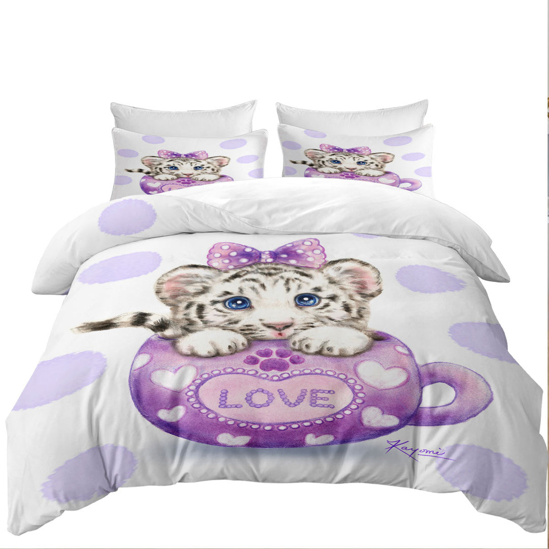 Coverlet with Cute Design Purple Love Cup White Tiger