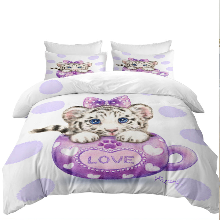 Coverlet with Cute Design Purple Love Cup White Tiger