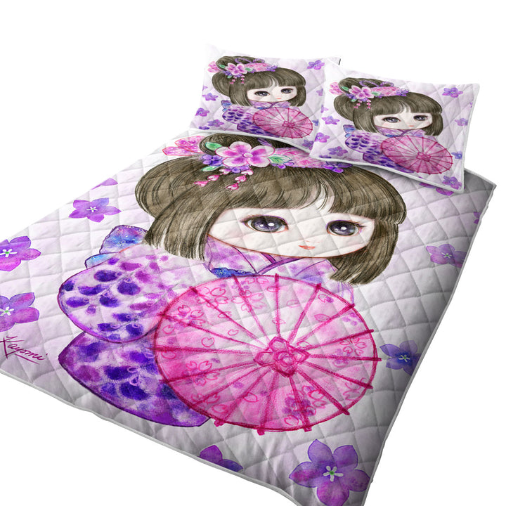 Coverlet with Cute Japanese Girl Wearing Purple Kimono
