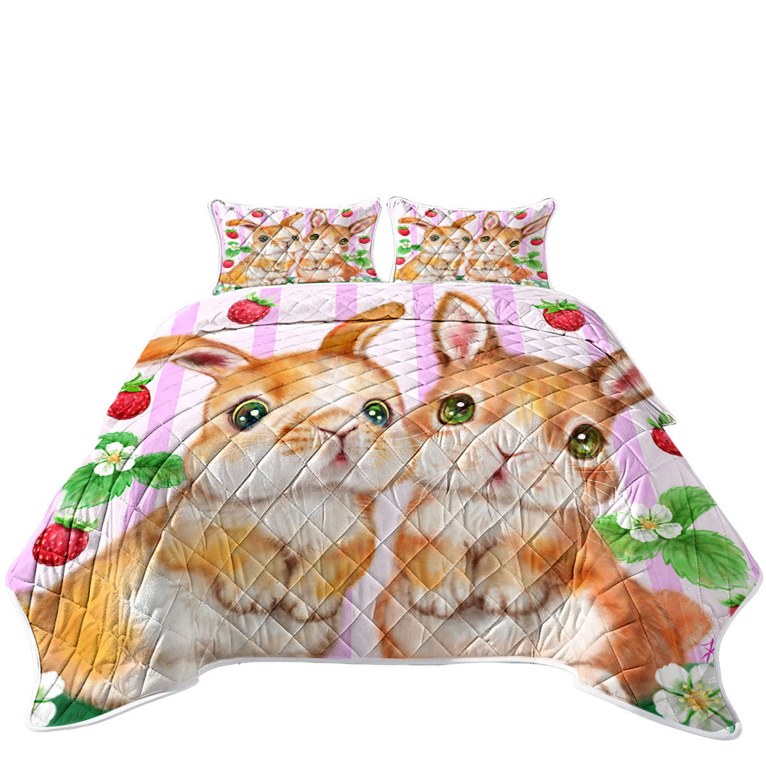 Coverlet with Cute Kids Art Designs Bunnies and Strawberries