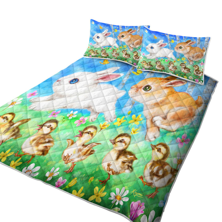 Coverlet with Cute Kids Art Designs Ducklings and Bunnies