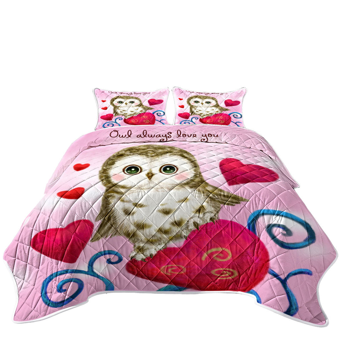Coverlet with Cute Owl Always Love You Red Hearts