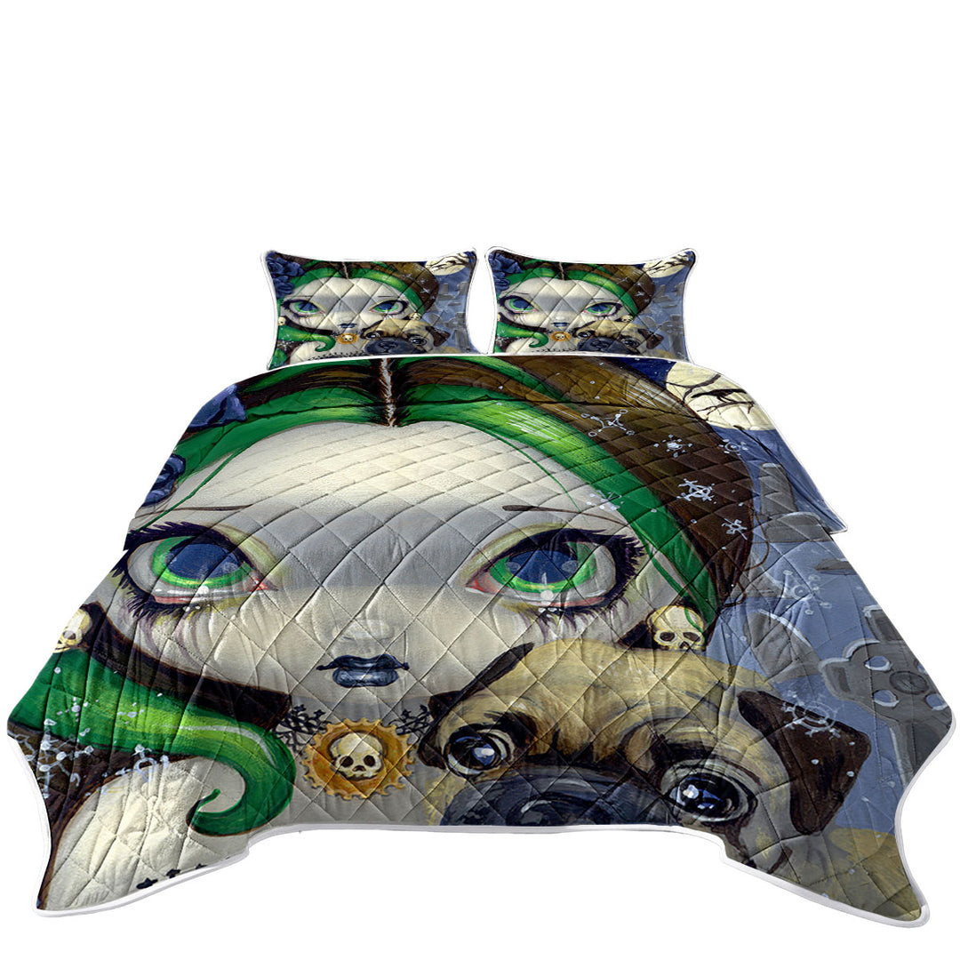 Coverlet with Faces of Faery _145 Cemetery Goth Girl and Pug Dog