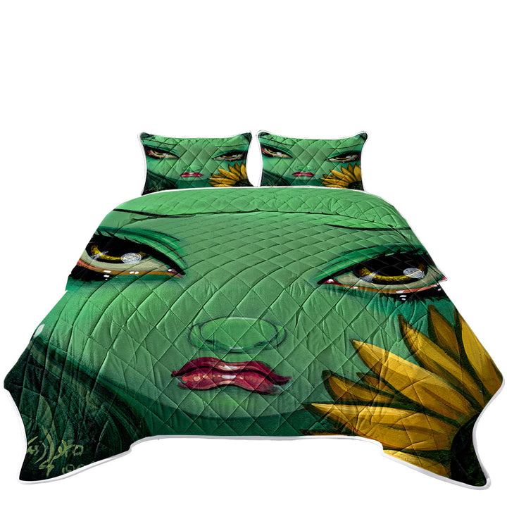 Coverlet with Faces of Faery _19 Green Girl with Sunflower