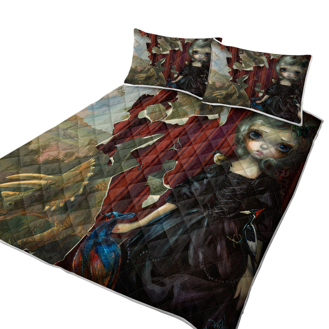 Coverlet with Fine Art Black Dress Girl Dinosaur Friends Requiem