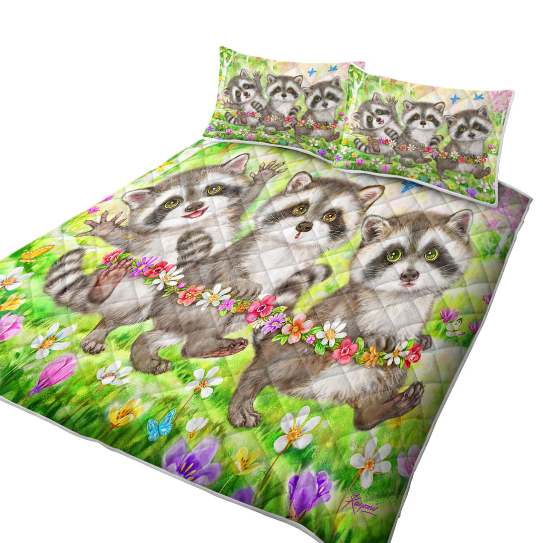 Coverlet with Flowers and Three Raccoons in the Forest