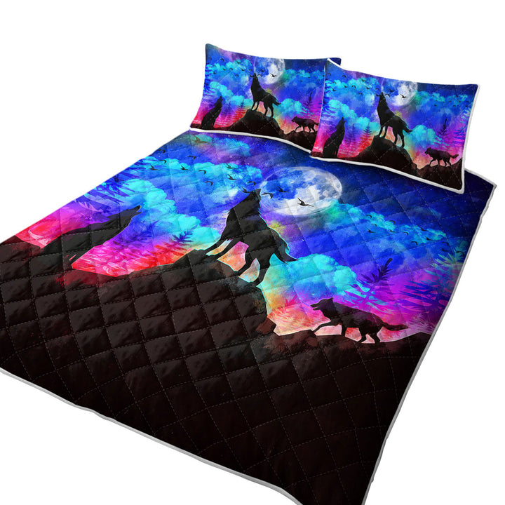 Coverlet with Full Moon Night Wolf Pack