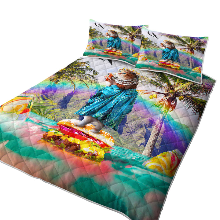 Coverlet with Funny Aloha Girl Cat on Hawaiian Burger