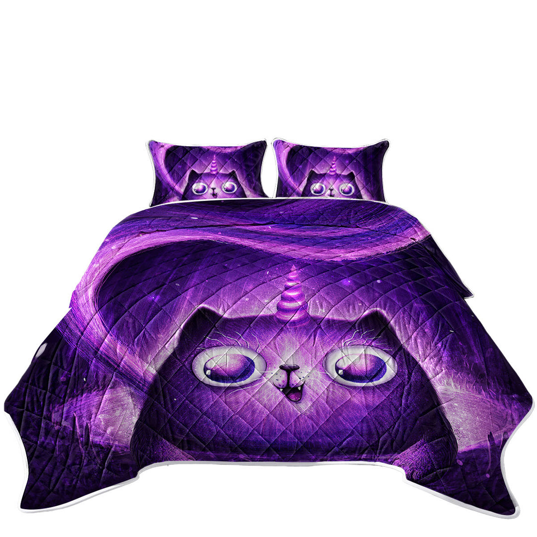 Coverlet with Funny Crazy Eyes Purple Unicorn Cat