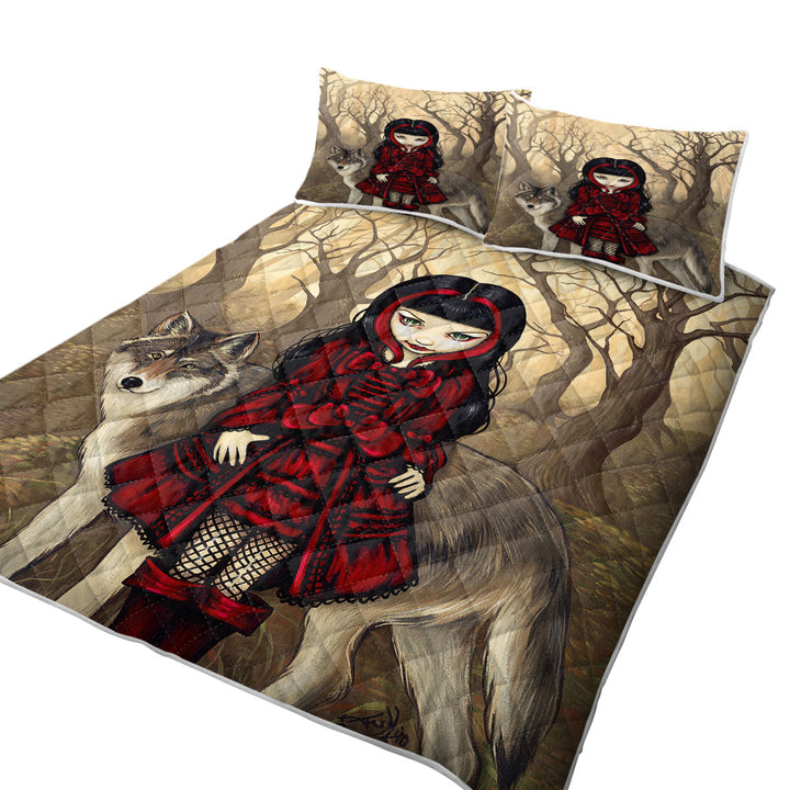 Coverlet with Gothic Style Wolf and Red Riding Hood in Autumn