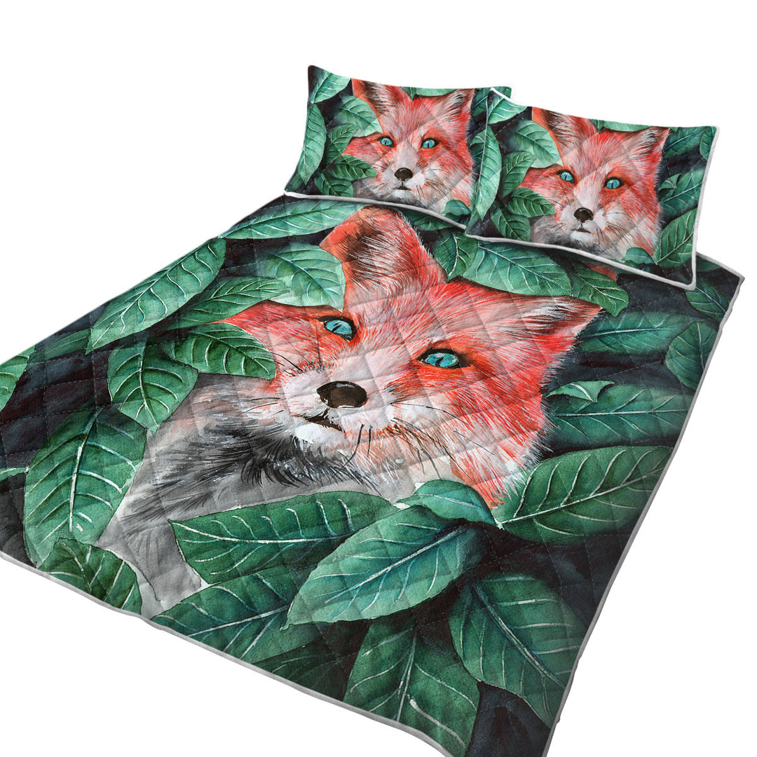 Coverlet with Green Leaves and Cute Hidden Fox