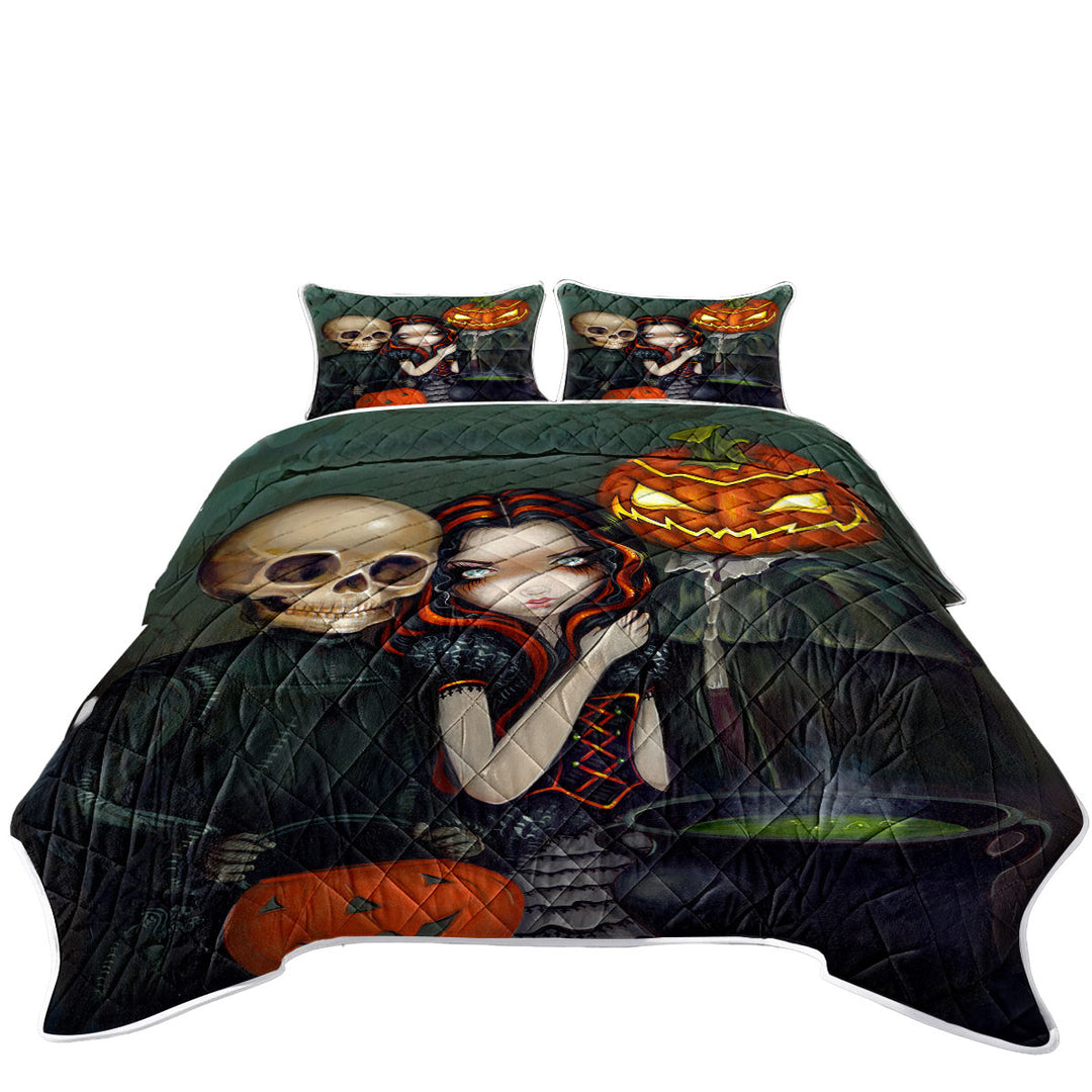 Coverlet with Halloween Out Trick or Treating Witch and Skeleton