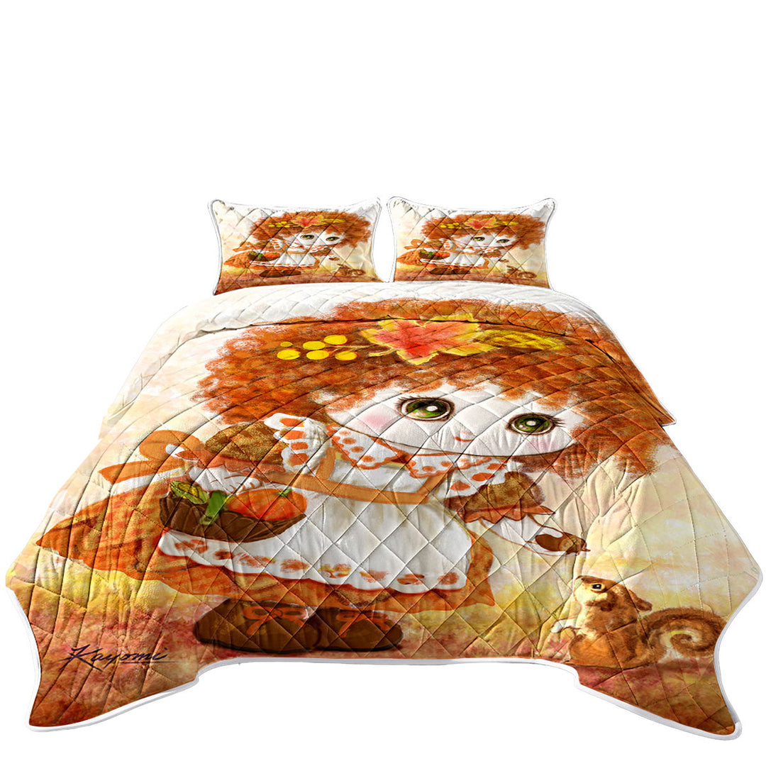 Coverlet with Kids Drawings Autumn Orange Girl and Squirrel