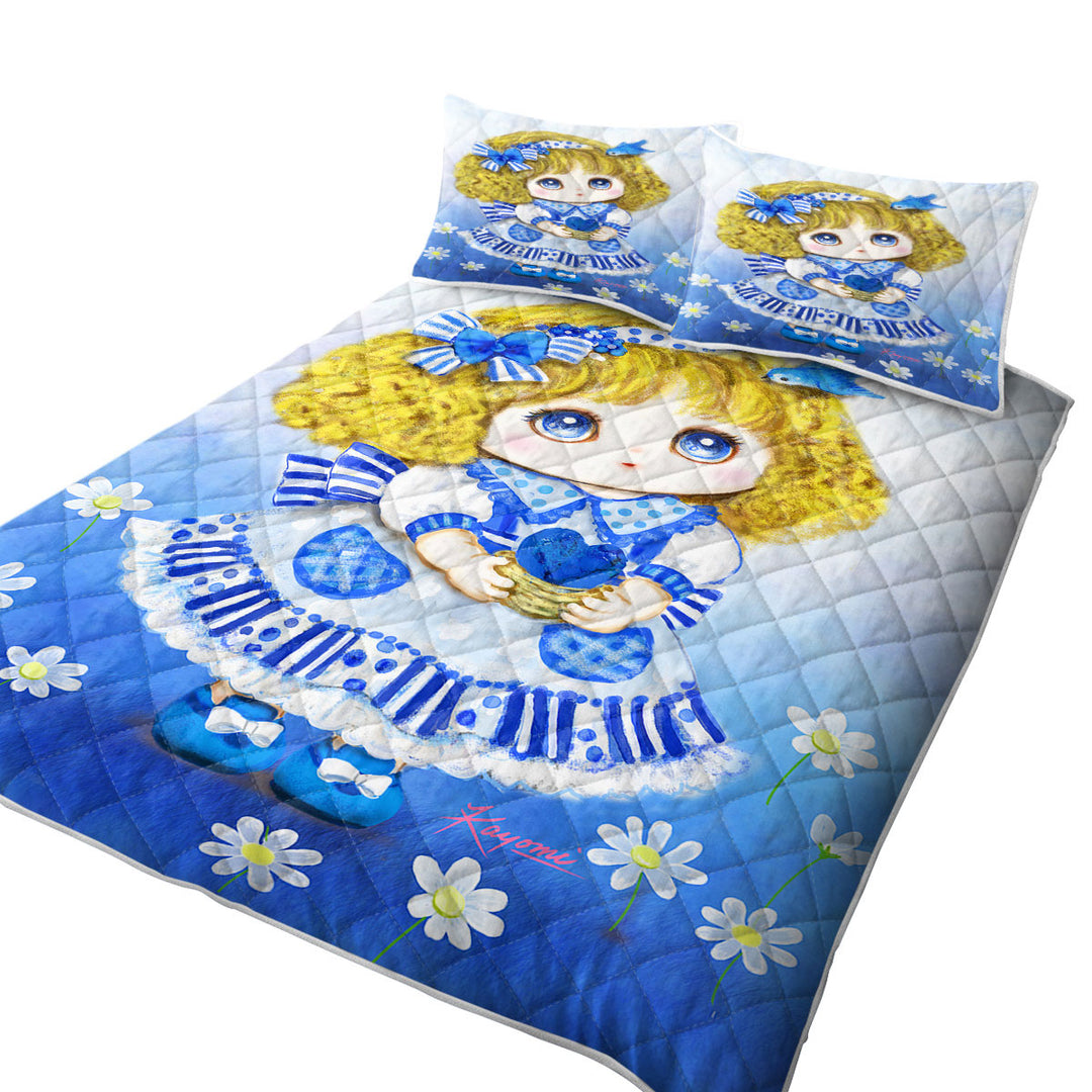 Coverlet with Kids Drawings Blue Girl and Daisy Flowers