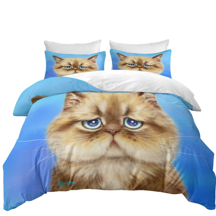 Coverlet with Kittens Cute Drawings Brown Sad Cat over Blue