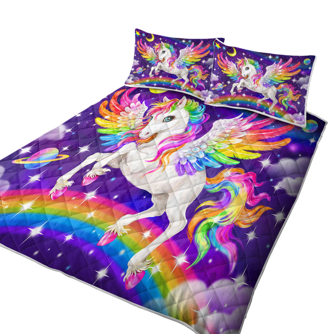 Coverlet with Magical Galaxy Space Colorful Rainbow Pegasus