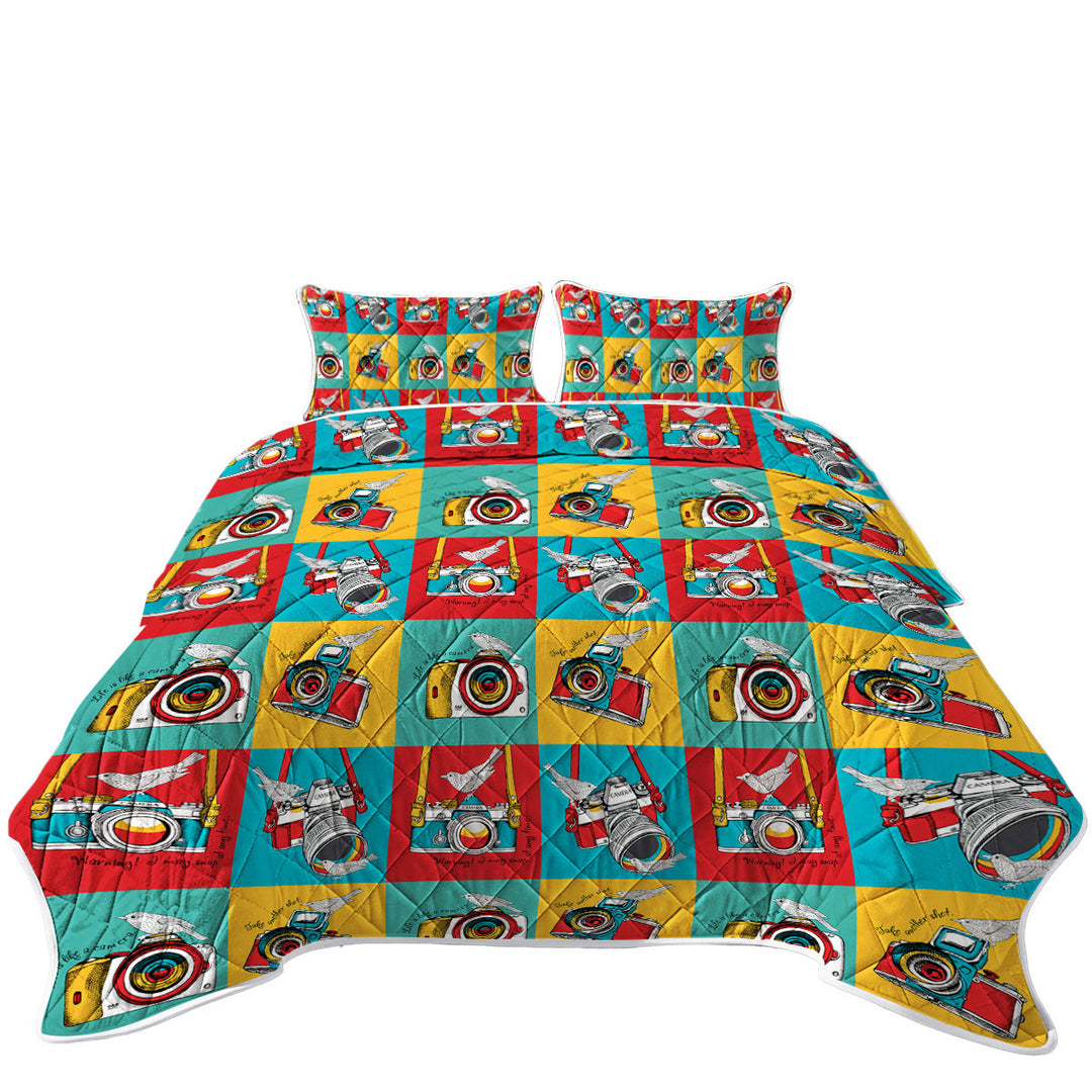 Coverlet with Multi Colored Retro Cameras and Birds
