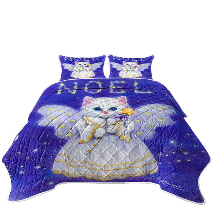 Coverlet with Noel White Kitten Holiday Angel