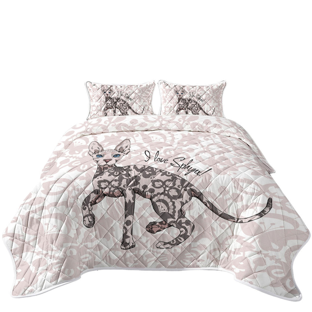 Coverlet with Pinkish Floral Pattern Sphynx Cat