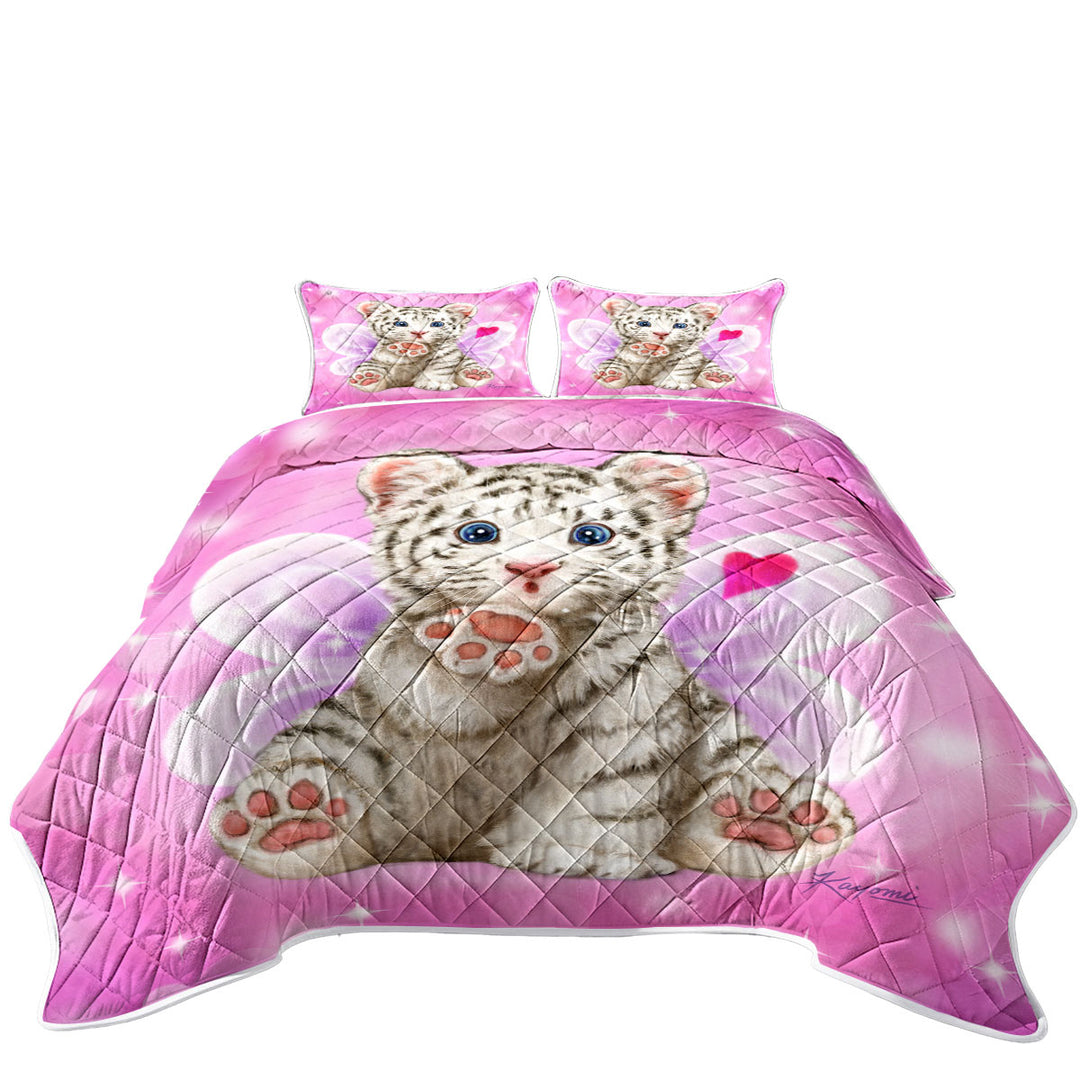 Coverlet with Throwing a Kiss Adorable White Tiger Cub Fairy