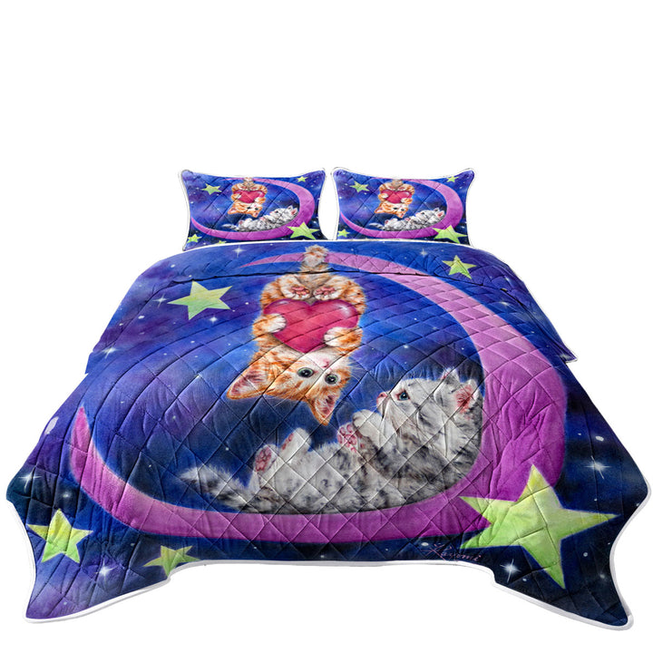 Coverlets with Cats Art Romantic Moon Space Starts and Kittens