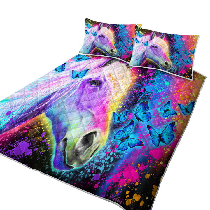 Coverlets with Colorful Neon Rainbow Horse and Butterflies
