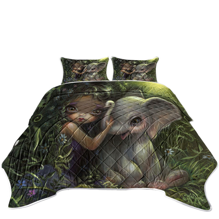 Coverlets with Cute Art Big Eyed Maiden with Elephant Friend