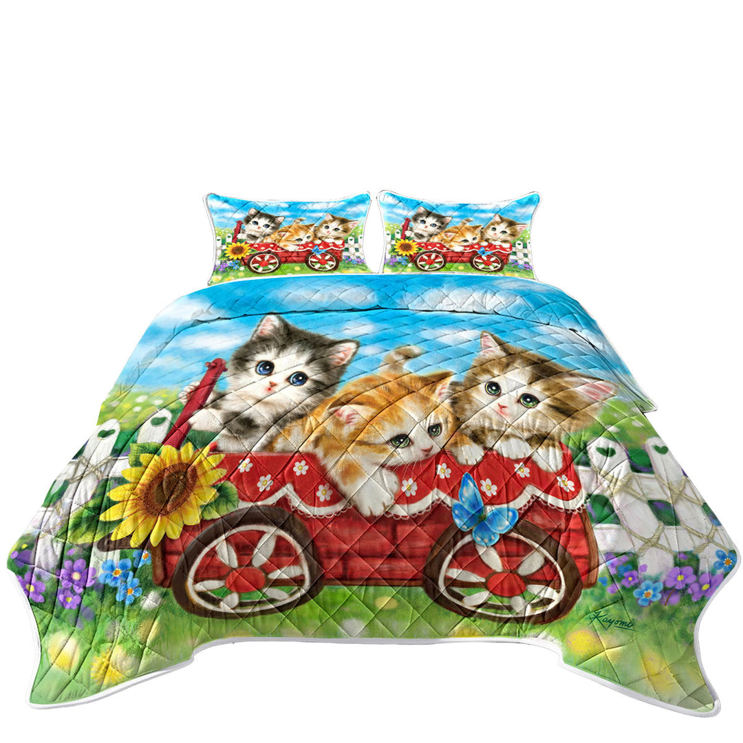 Coverlets with Cute Cat Drawings for Kids Kitten in Wagon
