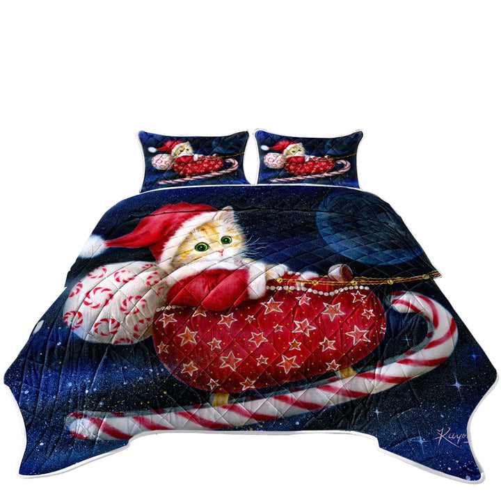 Coverlets with Cute Christmas Design Candy Sleigh Kitten