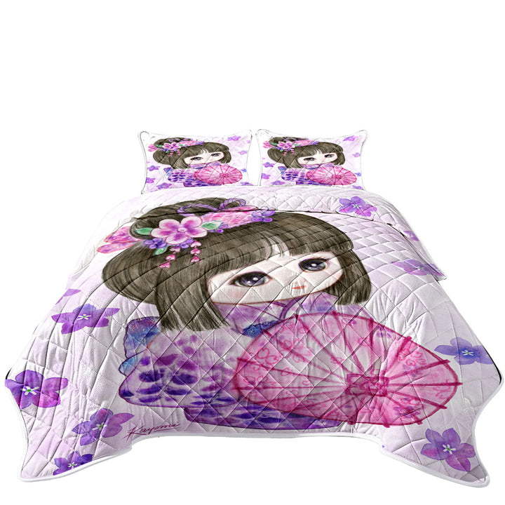 Coverlets with Cute Japanese Girl Wearing Purple Kimono