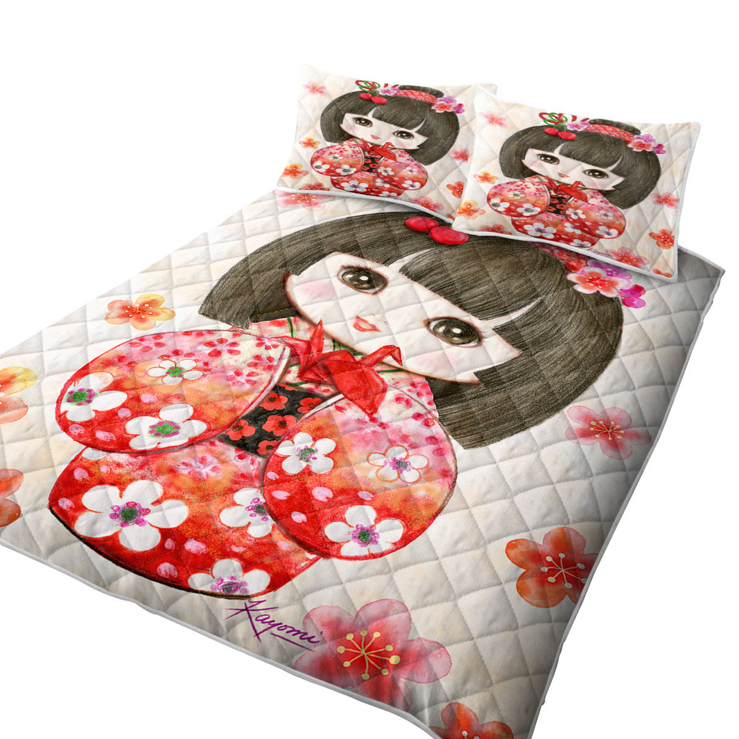 Coverlets with Cute Japanese Girl Wearing Red Kimono