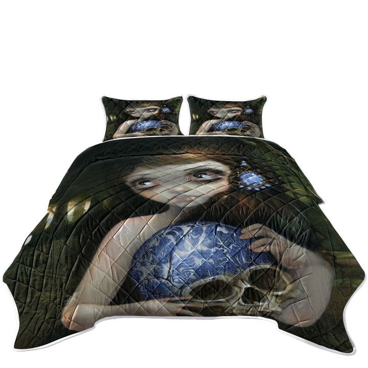 Coverlets with Dark Art Girl with Porcelain Blue Willow Skull