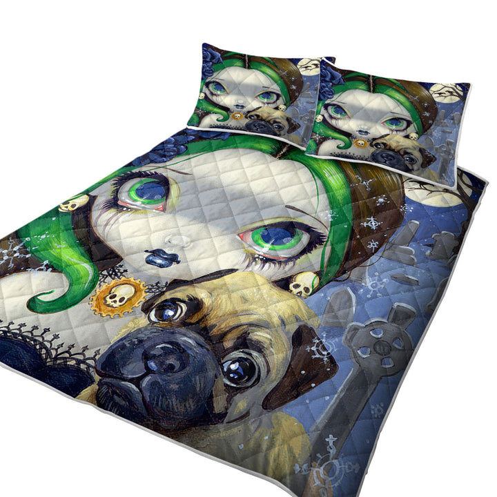 Coverlets with Faces of Faery _145 Cemetery Goth Girl and Pug Dog