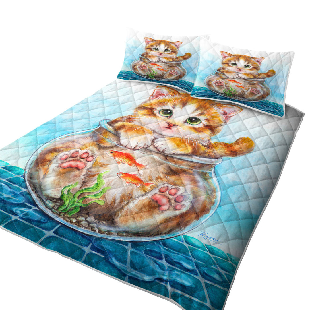 Coverlets with Funny Cute Cats Design Ginger Kitten in Fish Bowl